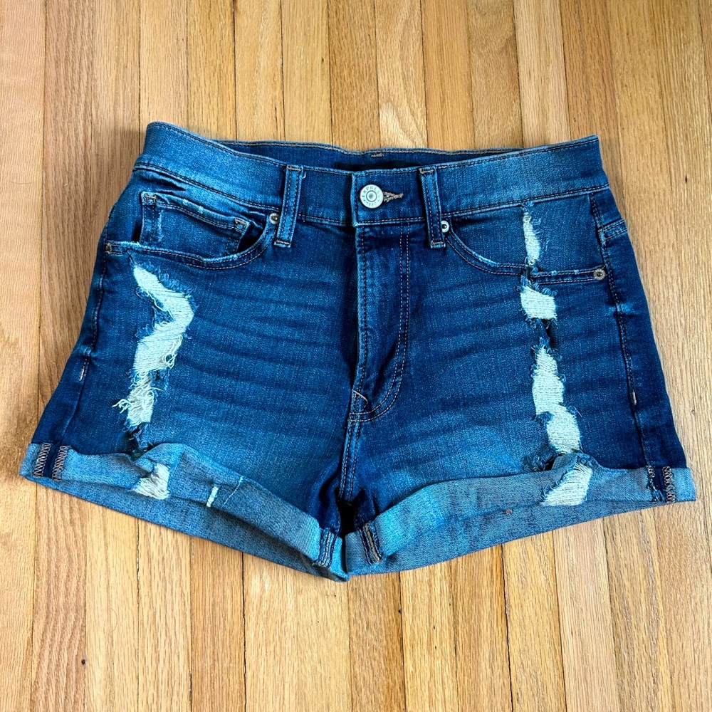 EXPRESS High Waisted Distressed Rolled Hem Jean Short
